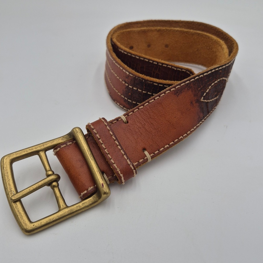 Lucky Brand Mens Brown Leather Belt Triple Stitch Brass Buckle BKRUR122 Size 34